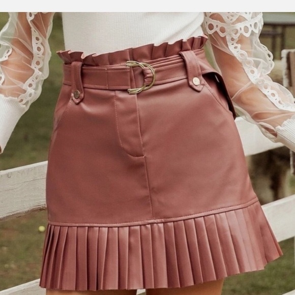 ZARA PLEATED FAUX LEATHER RUFFLE HIGH WAISTED COWBOY BROWN WESTERN SKIRT SZ S - Picture 11 of 11